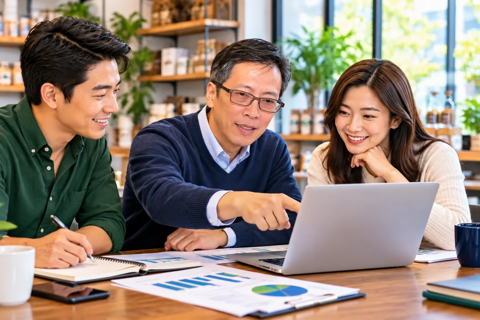 Concept image of three colleagues discussing business reports together around a laptop
