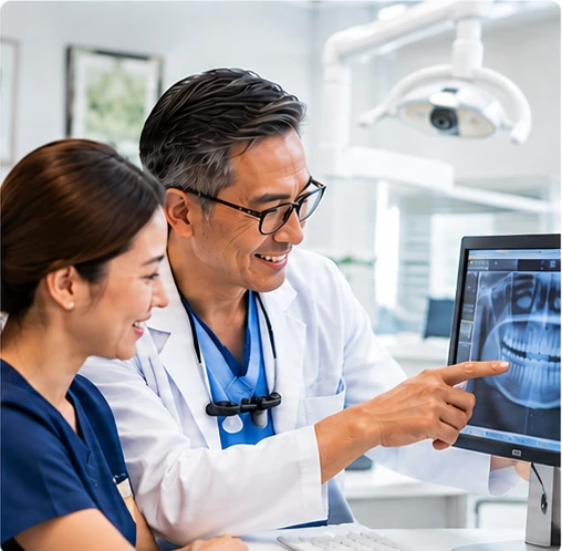 Illustrative dental professionals discussing patient information