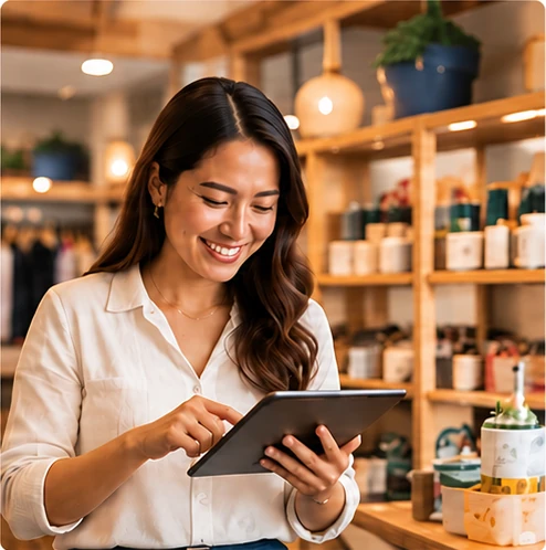 Illustrative retail shop owner using a tablet